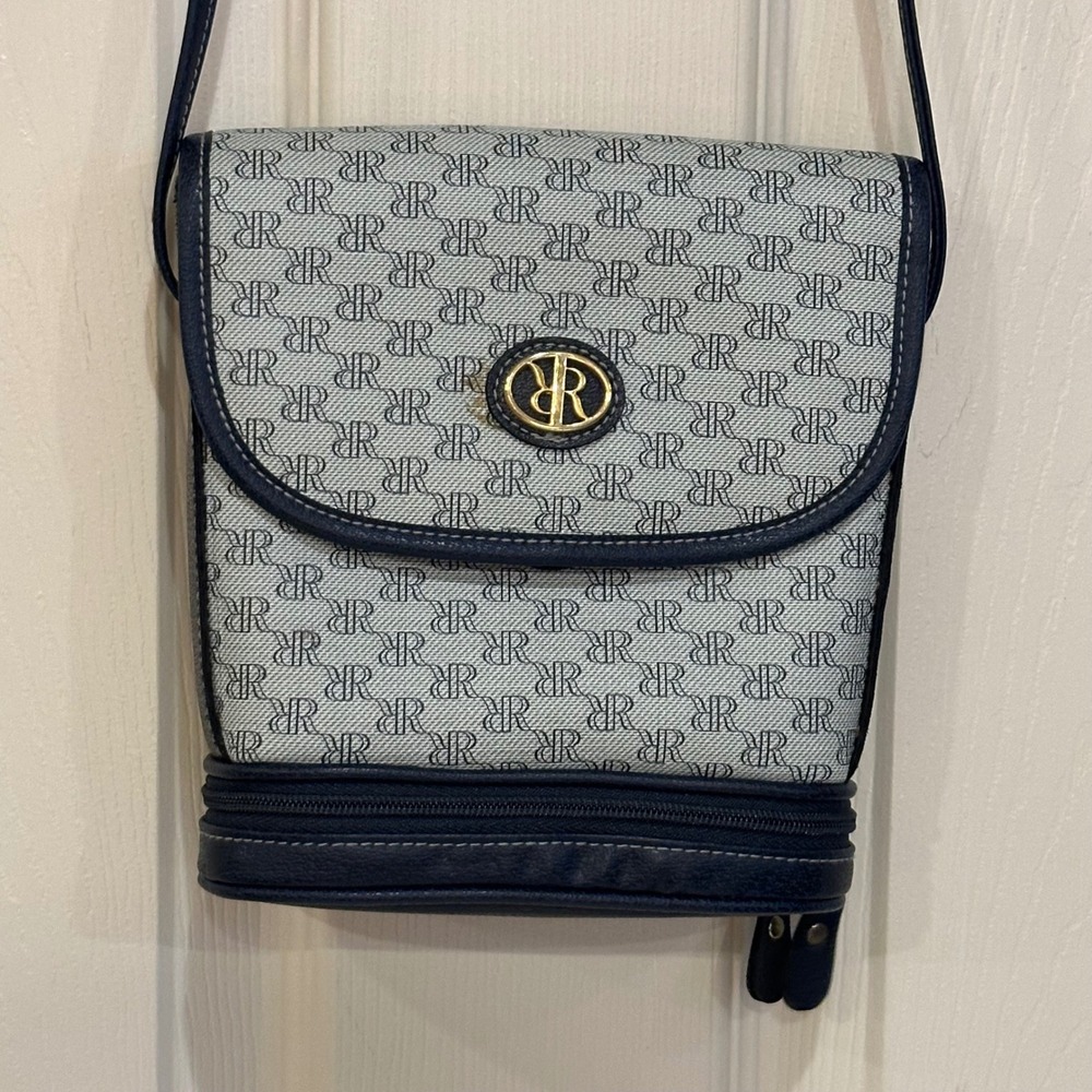 R&R Monogram Crossbody Bag Navy Blue Grey Vintage Messenger Purse